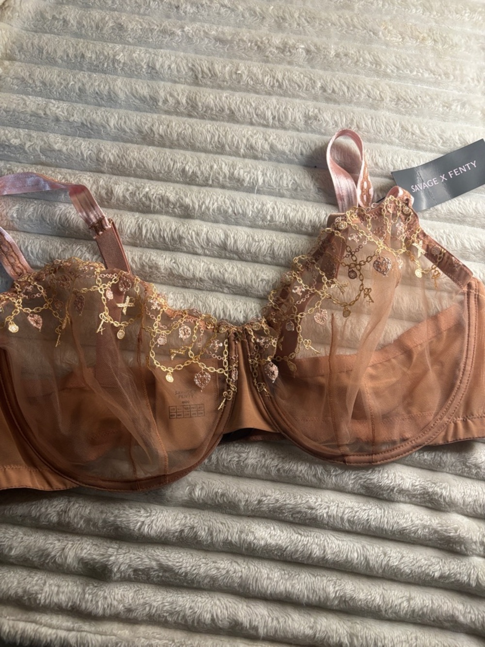 Savage X Fenty Rose Bronze Sheer Embroidered Underwire Bra with Gold Accents